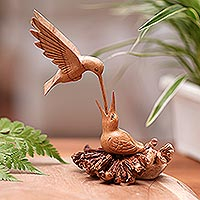 Wood sculpture, 'Mother Bird' - Carved Jempinis Wood Bird Sculpture with Natural Base