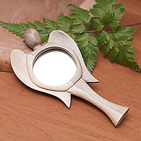 Wood hand mirror, 'Angelic Hug' - Hibiscus Wood Angel Hand Mirror with Hand-Carved in Bali