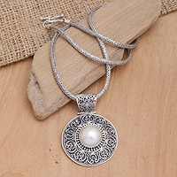 Cultured pearl pendant necklace, 'Blooms of Batur' - White Cultured Pearl Sterling Silver Pendant Necklace