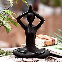 Wood sculpture, 'The Serenity' - Hand-Carved Suar Wood Meditation Sculpture in Dark Tone
