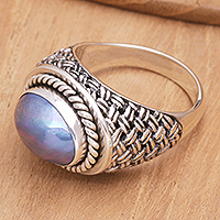 Cultured pearl cocktail ring, 'Blue Wave' - Sterling Silver Cocktail Ring with Blue Cultured Pearl