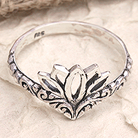 Sterling silver band ring, 'Lotus Queen' - Balinese Sterling Silver Band Ring with Lotus Flower Motif
