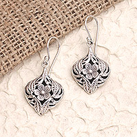 Sterling silver dangle earrings, 'The Mellow Hibiscus' - Balinese Flower and Leaf Sterling Silver Dangle Earrings