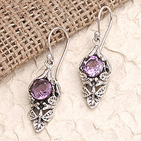 Amethyst dangle earrings, 'Romantic Bract' - Balinese Amethyst Sterling Silver Leaf Dangle Earrings