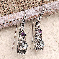 Blue topaz and amethyst drop earrings, 'Conical Leaf' - Blue Topaz Amethyst and Sterling Silver Leaf Drop Earrings
