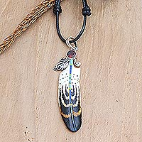 Bone and garnet pendant necklace, 'Neat Feathers' - Feather Bone Garnet and Sterling Silver Pendant Necklace
