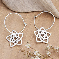 Sterling silver hoop earrings, 'Starry Blossom' - Geometric Floral Sterling Silver Hoop Earrings from Bali