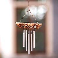 Bamboo mini wind chimes, 'Weaving The Tones' - Balinese Handmade Bamboo Aluminum Mini Wind Chimes in Brown