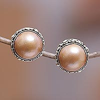 Cultured pearl button earrings, 'Golden Pearl Trophy' - Balinese Sterling Silver Button Earrings with Golden Pearls