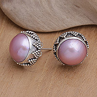 Cultured pearl button earrings, 'Pink Pearl Treasure' - Geometric Sterling Silver Button Earrings with Pink Pearls
