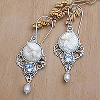 Blue topaz and cultured pearl dangle earrings, 'Loyalty Owl' - Owl Dangle Earrings with Cultured Pearls and Blue Topaz Gems