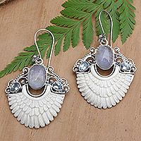 Rainbow moonstone and blue topaz chandelier earrings, 'Winged Harmony' - Sterling Silver Chandelier Earrings in a Combination Finish