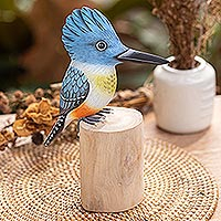 Wood statuette, 'Belted Kingfisher' - Teak & Suar Wood Bird Statuette Carved and Painted by Hand