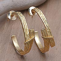 Gold-plated half-hoop earrings, 'Connecting Branches' - 18k Gold-Plated Modern Half-Hoop Earrings Crafted in Bali