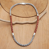 Men's leather-accented chain necklace, 'Charming Man' - Men's Brown Leather-Accented Sterling Silver Chain Necklace