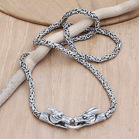 Sterling silver pendant necklace, 'Double Dragon' - Sterling Silver Pendant Necklace with Dragon Details