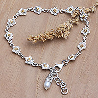 Gold-accented cultured pearl link bracelet, 'Golden Innocence' - 18k Gold-Accented Sterling Silver Link Bracelet with Pearl