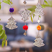 Aluminum garland, 'Festive Forest' - Christmas Tree Aluminum Garland with Glass and Pompoms