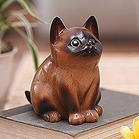 Wood figurine, 'Hungry Cat' - Wood Cat Figurine in Brown and Black Hand-Painted in Bali