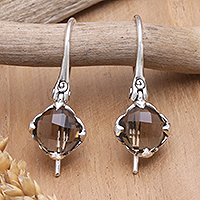 Smoky quartz dangle earrings, 'Shining Stability' - Sterling Silver Dangle Earrings with Smoky Quartz Gems