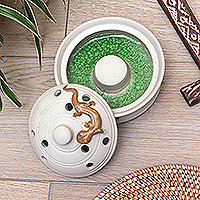Porcelain mosquito coil holder, 'Resting Lizard' - Handmade Porcelain Mosquito Coil Holder with Lizard Motif