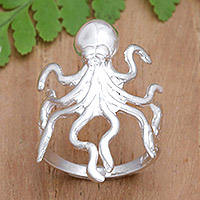 Sterling silver cocktail ring, 'Octopus Charm' - Unisex Sterling Silver Octopus Cocktail Ring from Bali
