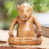 Wood statuette, 'Gentle Master' - Handmade Brown Suar Wood Pig Statuette from Bali