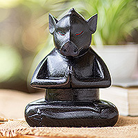 Wood statuette, 'Gentle Apprentice at Night' - Handcrafted Black Suar Wood Pig Statuette from Bali