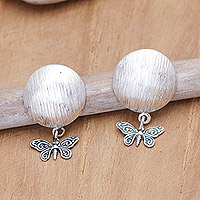 Sterling silver dangle earrings, 'Shield of Hope' - Sterling Silver Round Dangle Earrings with Butterflies
