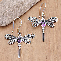 Amethyst dangle earrings, 'Wisdom Prophecy' - Faceted Amethyst Dragonfly Dangle Earrings from Bali