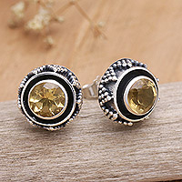 Citrine button earrings, 'Echoes of Success' - Sterling Silver Button Earrings with Two-Carat Citrine Gems