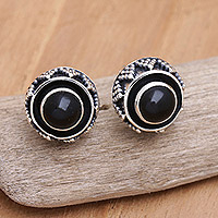 Onyx button earrings, 'Echoes of Protection' - Geometric Sterling Silver Button Earrings with Onyx Stones