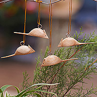 Wood ornaments, 'Tiny Mice' (set of 4) - Hand-Carved Wood Mouse Christmas Ornaments (Set of 4)