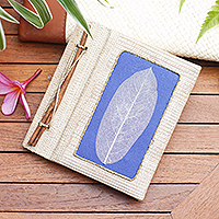 Natural fiber journal, 'Blue Leaf' - Hand-Crafted Eco-Friendly Natural Fiber Journal in Blue