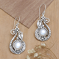 Cultured pearl dangle earrings, 'Magical Innocence' - Leafy and Floral Dangle Earrings with Cultured Pearls