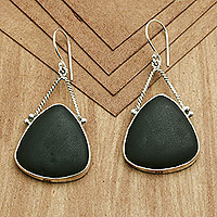 Lava stone dangle earrings, 'Swinging Night Dream' - Sterling Silver Dangle Earrings with Lava Stone Made in Bali