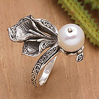 Cultured pearl cocktail ring, 'Lily Charm' - Sterling Silver Lily Cocktail Ring with Cultured Pearl