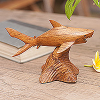Wood sculpture, 'Ferocious Guardian' - Handcrafted Brown Jempinis Wood Sculpture of a Shark