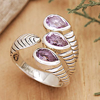Amethyst wrap ring, 'Three Times Chic' - Sterling Silver Wrap Wring with Amethyst Gemstones from Bali