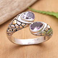 Gold-accented amethyst cocktail ring, 'Bright Enchantment' - Silver Cocktail Ring with Amethysts and Gold-Plated Accents
