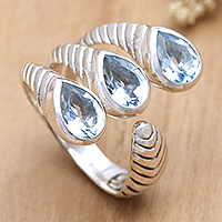 Blue topaz wrap ring, 'Three Times Azure' - Blue Topaz and Sterling Silver Wrap Ring Made in Bali
