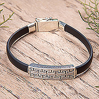 Men's sterling silver pendant bracelet, 'Stacked Bricks' - Balinese Crafted Sterling Silver Men's Pendant Bracelet