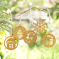 Handcrafted ornaments, 'Merry Gift' (set of 5) - Set of 5 Handcrafted Gold-Toned Ornaments from Bali