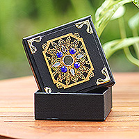 Linen paper decorative box, 'Blue Sunrise' - Traditional Black Decorative Box with Blue Beads and Mirrors