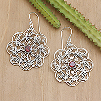 Garnet filigree dangle earrings, 'Passionate Sunset' - Floral and Sun-Inspired Garnet Filigree Dangle Earrings