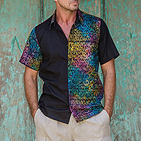 Men's cotton batik shirt, 'Colorful Bridge' - Men's Batik Cotton Shirt with Colorful Pattern from Bali