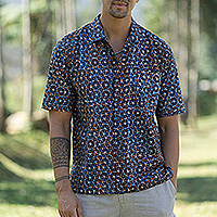 Men's batik cotton shirt, 'Blue Gallant' - Men's Geometric Batik Cotton Shirt in Blue and Brown Hues