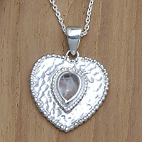 Rainbow moonstone pendant necklace, 'Harmonious Romance' - Sterling Silver Heart Pendant Necklace and Rainbow Moonstone