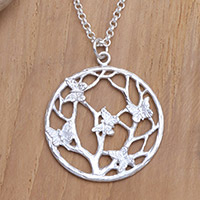 Sterling silver pendant necklace, 'Harmonious Hope' - Sterling Silver Round Pendant Necklace with Butterfly Motifs