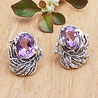 Amethyst button earrings, 'Purple Nest' - Faceted Five-Carat Amethyst Leafy Button Earrings from Bali
